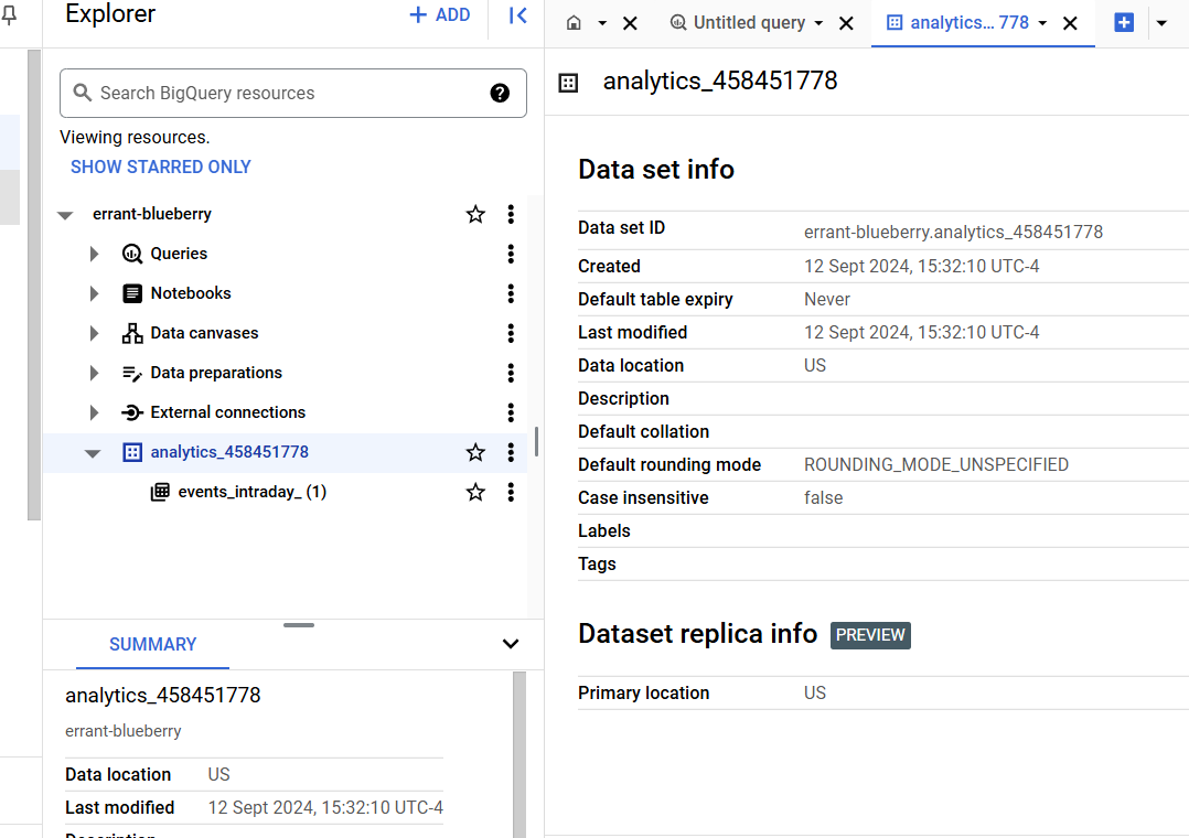 screenshot of bigquery setup