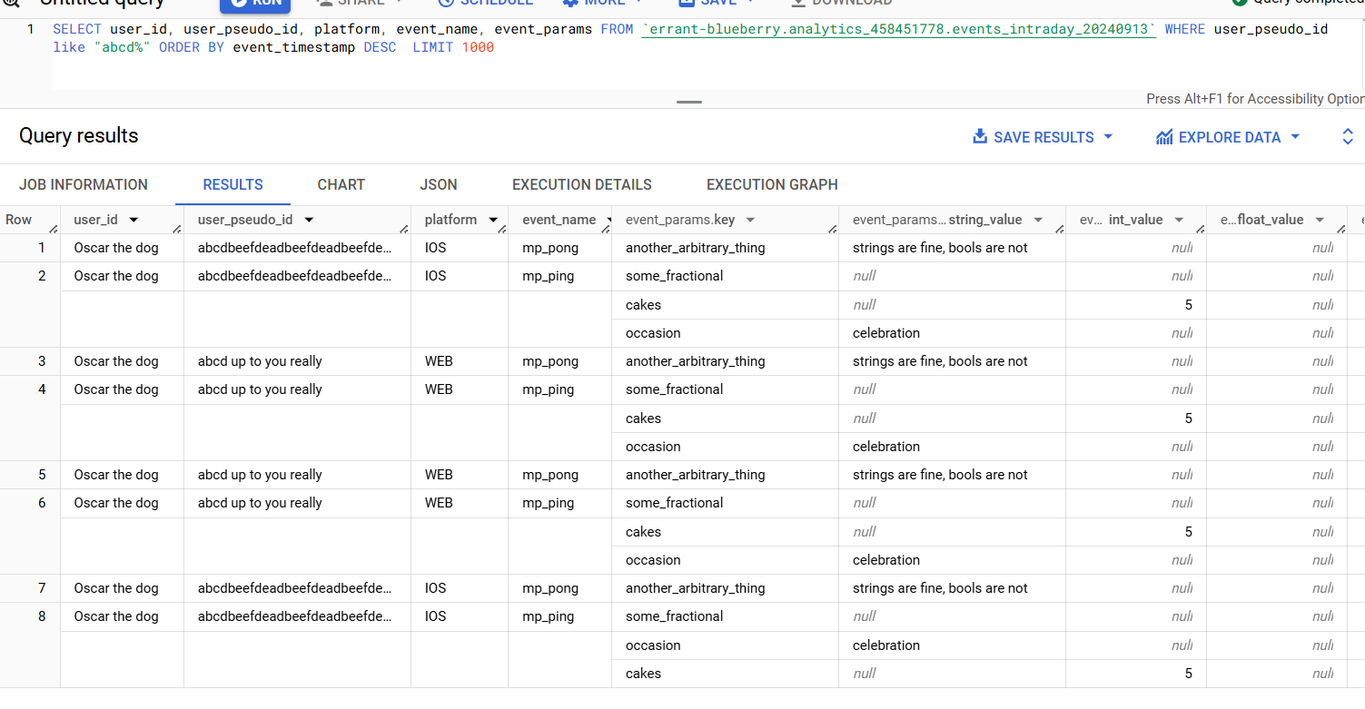 screnshot of the result of an SQL query